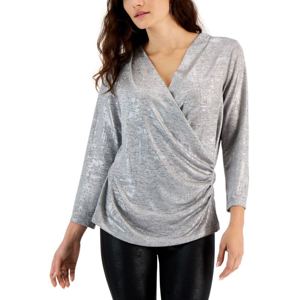 JPR Studio Womens Metallic Surplice Faux Wrap Top